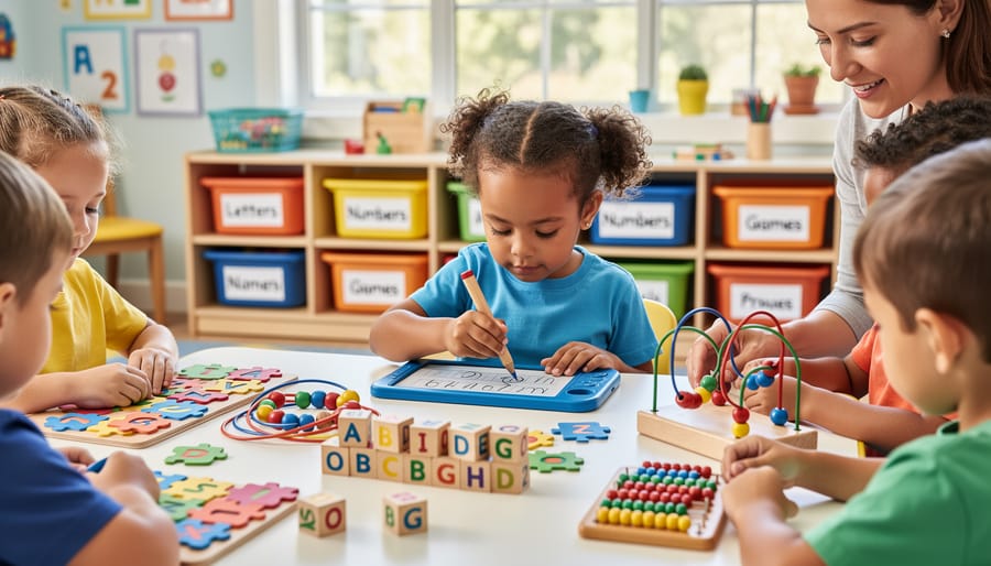 Child's hands arranging colorful alphabet blocks and letter tiles on wooden table