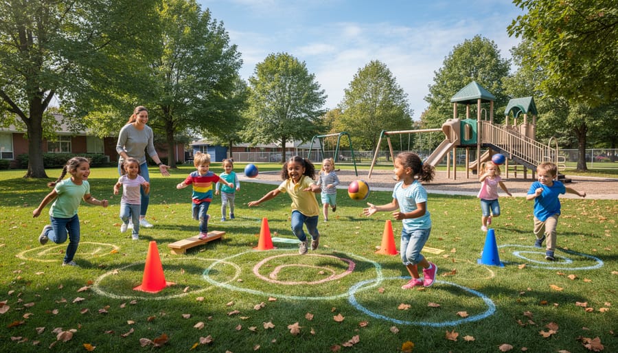Preschool children playing active outdoor game with hoops and balls on playground grass