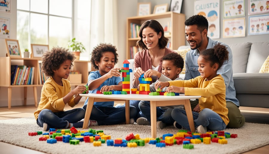 Parent and young child playing together with building blocks on living room floor