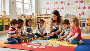 Diverse preschool children and a caregiver play with counting bears, pattern blocks, and a picture-only matching game on a colorful rug, with blurred shelves, maple-leaf artwork, and a small Canadian flag in a bright classroom lit by natural daylight.