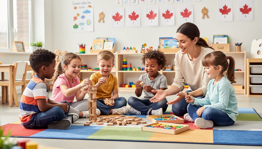 Diverse group of preschool children playing educational board game together on classroom floor