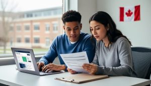 Student and parent reviewing financial aid documents and using a laptop at a desk, representing how family income affects OSAP funding.