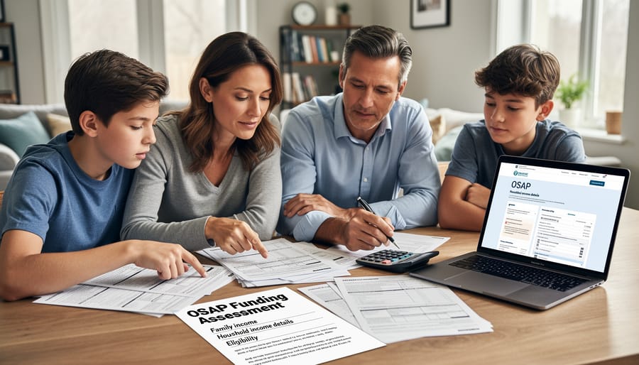 Family members at a kitchen table reviewing tax documents and calculating figures.