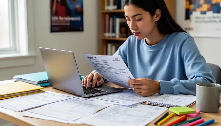 Student holding a folder while preparing financial aid documents at a desk.