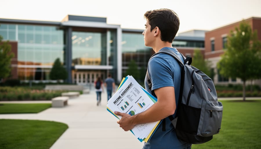 Student walking toward a university campus entrance carrying a backpack and paper folder.