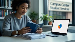 “A student sorting study and identity documents next to a laptop while preparing to apply for Alberta Student Aid online.”