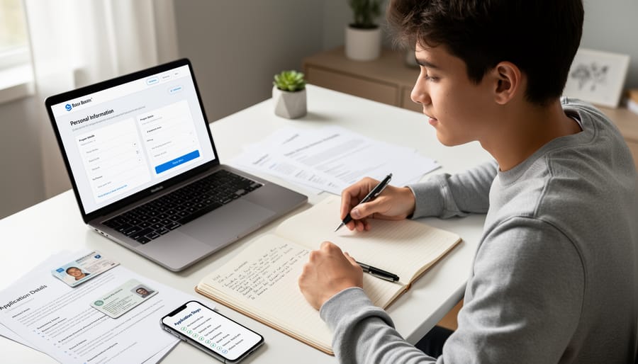 Desk setup with laptop, smartphone, passport, and blank documents for completing a student aid application