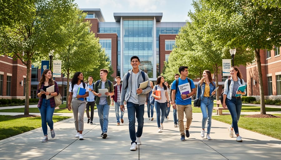 Diverse group of students walking on a campus walkway during golden hour