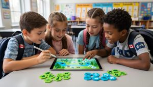 Diverse K–12 students in a bright Canadian classroom working together on an ecosystem-themed game-based learning activity on a tablet and tabletop.
