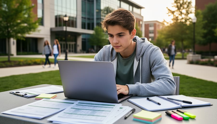 Student preparing for post-secondary with documents and study tools near a laptop