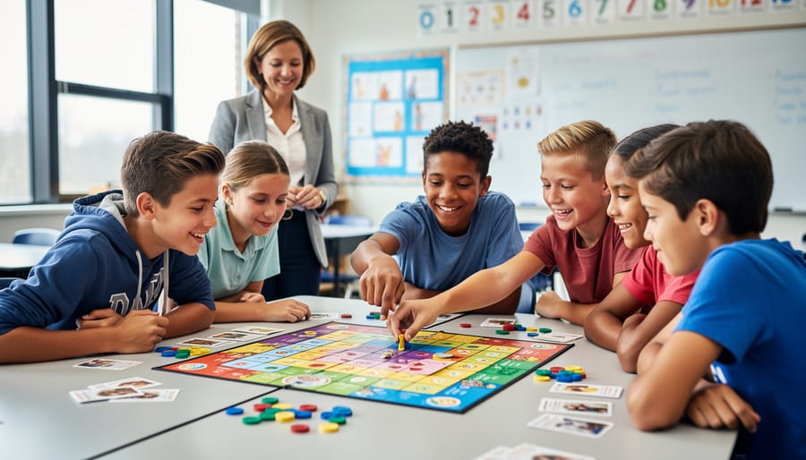 Students collaborating around a classroom game table, moving pieces together and engaging with a learning activity.