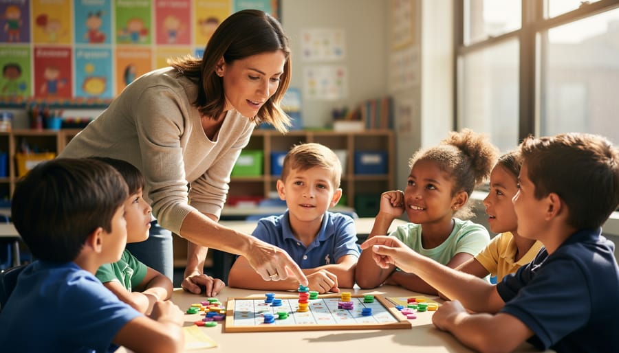 Teacher assisting a student during a game-based learning activity at a desk in a classroom.