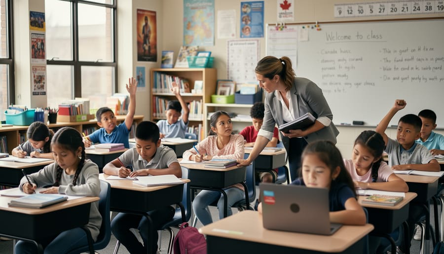 Teacher standing in a Canadian classroom with students, looking ready to begin a lesson.