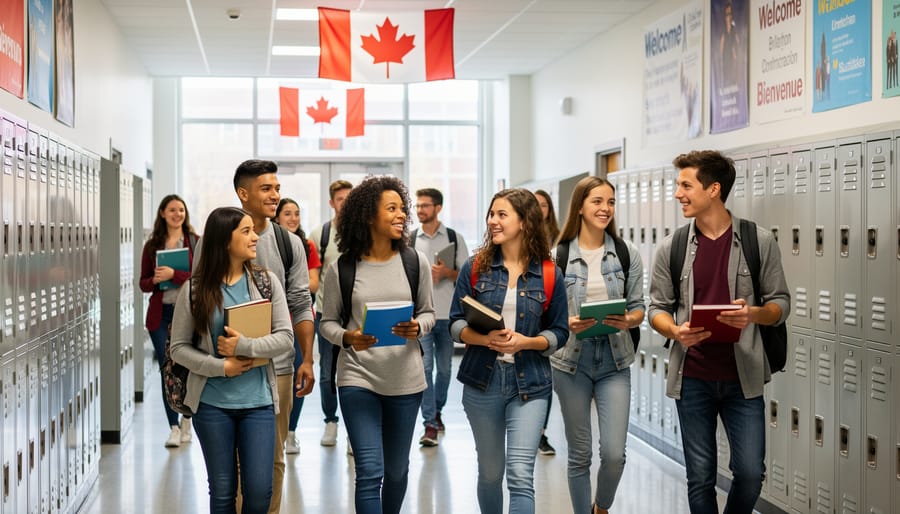 Diverse exchange students walking through a Canadian high school hallway with backpacks and folders