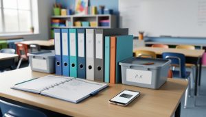 Organized teacher desk in a Canadian K–12 classroom with binders, storage bins, and lesson planning materials in a clean, calm environment.