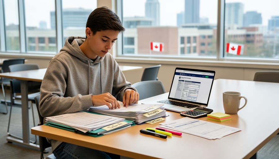 Student in a university library holding papers and organizing study documents for Canadian tax filing.
