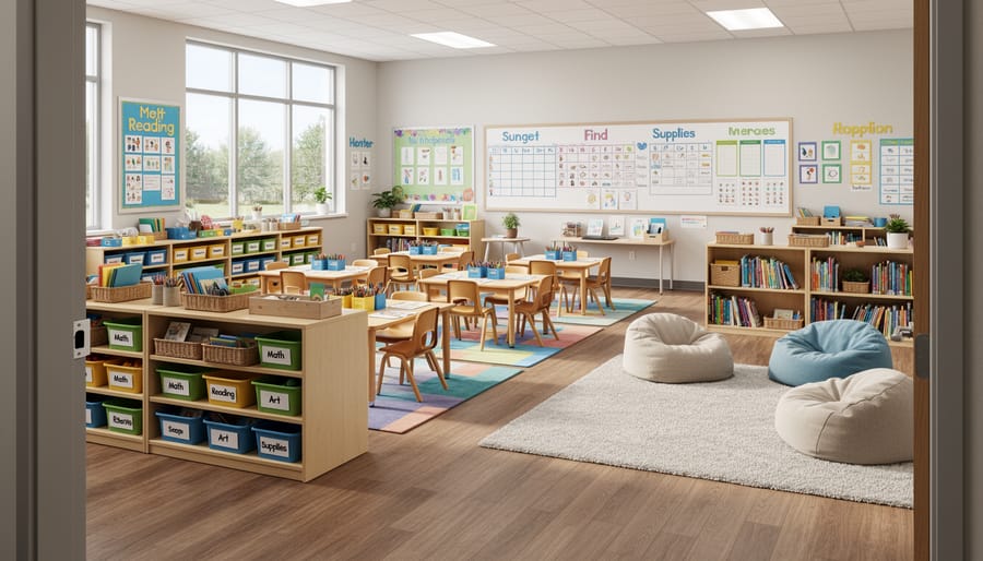 Organized classroom zones with supply bins, folder organizers, a reading nook, and student work trays