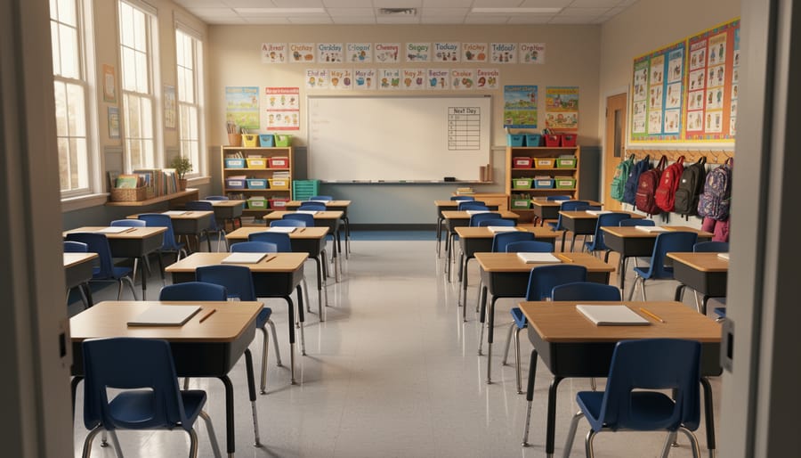 Tidied classroom at day’s end with a closed binder and neatly stacked student work