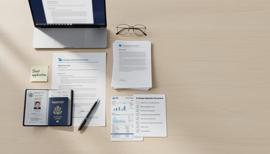 Passport and study documents laid out neatly on a wooden desk for an application checklist