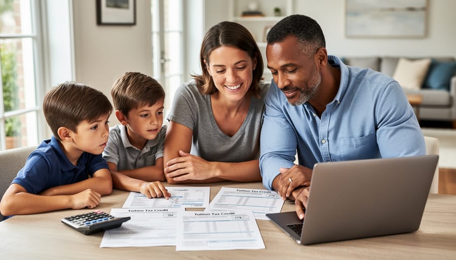 Family reviewing tuition and tax-related documents at a kitchen table in natural morning light.
