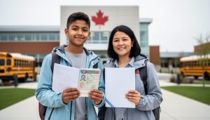 International student and parent holding study-related documents at a Canadian school entrance with a maple leaf emblem in the background.