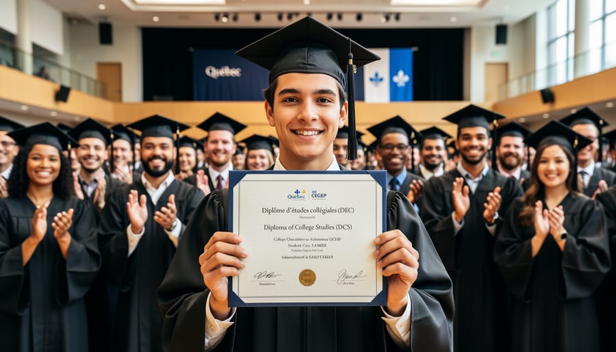 Graduation cap and diploma folder held in hands on a table