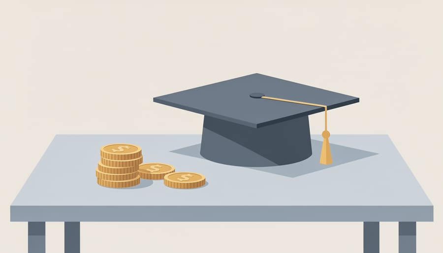 Graduation cap and coins on a wooden desk with a subtle Canadian color theme, suggesting tuition tax credit benefits.
