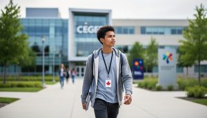 A diverse student walking on a modern Quebec college campus toward a CEGEP building in soft daylight, symbolizing the DCS/DEC education pathway.