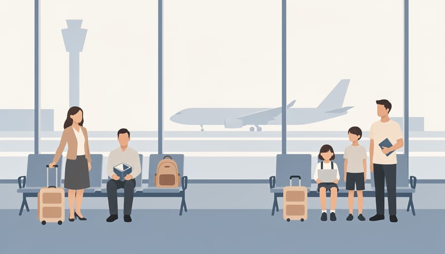 A student standing at an airport gate holding a boarding envelope without visible text