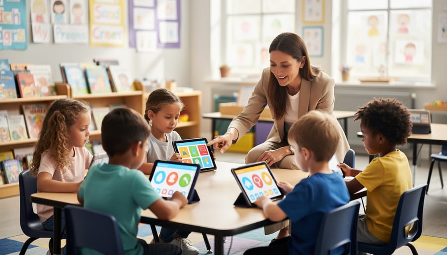 Teacher and young children using tablets together during a classroom learning activity