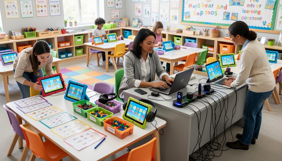 Teacher arranging tablets and learning materials on a classroom table before using TK learning games