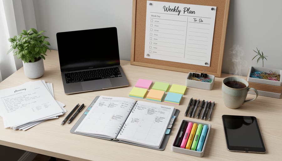 Close-up of a teacher’s desk with a weekly planner, lesson printouts, and highlighters arranged neatly