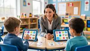 “Teacher and TK-age children using tablets and learning materials during a structured learning game session in a classroom.”