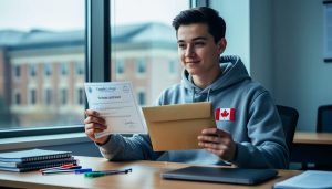 Canadian student at a desk holding tuition tax documents, with blurred campus buildings in the background and a small Canadian flag pin visible.