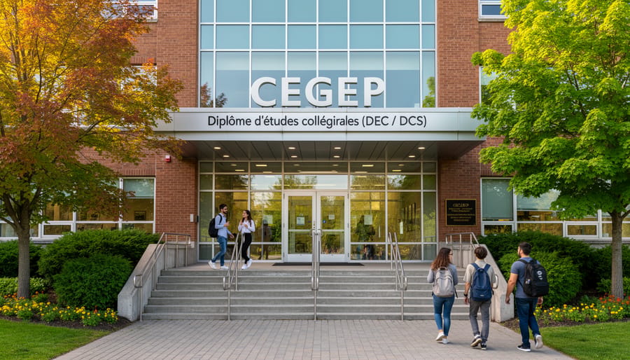 Wide view of a Quebec college campus entrance with students walking in the distance