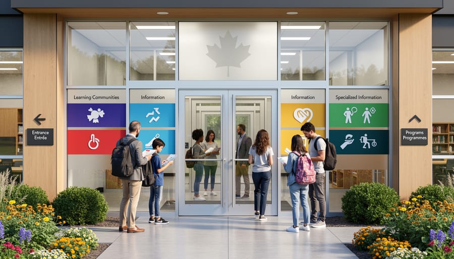 Students walking toward a Canadian school entrance in the evening.