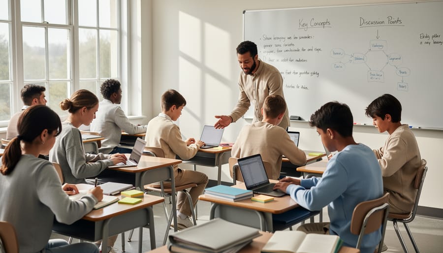 Students studying at desks in a well-lit classroom.