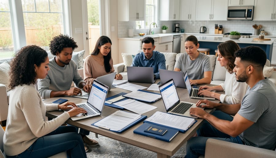 Newcomers reviewing eligibility documents at a kitchen table with a laptop.