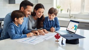 “A Canadian family reviews education and financial paperwork at a kitchen table with a laptop calendar interface in the background.”