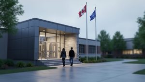 Students approach a Canadian school entrance with flagpoles and campus grounds in soft daylight.