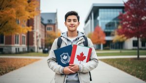 “Canadian student holding folders representing U.S. and Canadian education aid while standing in a border-like campus setting under soft daylight.”
