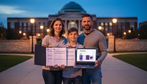 A family holding financial documents and reviewing a laptop near a Kansas State University–style campus entrance, representing preparation for FAFSA and OSAP deadlines.