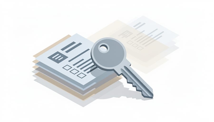Close-up of a key and bundled paperwork on a wooden desk, symbolizing readiness to submit financial aid materials.
