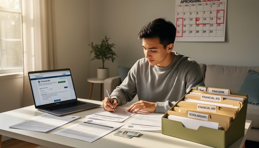 Student organizing financial aid documents on a kitchen table with a passport and notebook nearby.